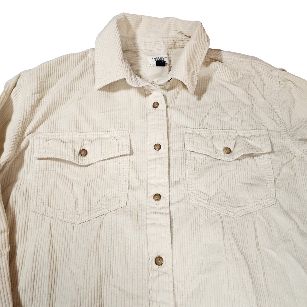 American Eagle Corduroy Womens M White Button Down Oversized Shirt - Picture 3 of 8